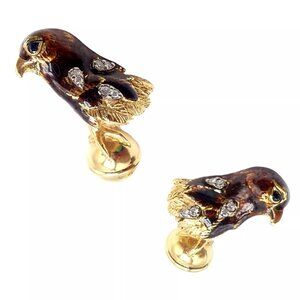 Vintage Tiffany & Co. 18k Yellow Gold Diamond Enamel Falcon Eagle Bird Cufflinks